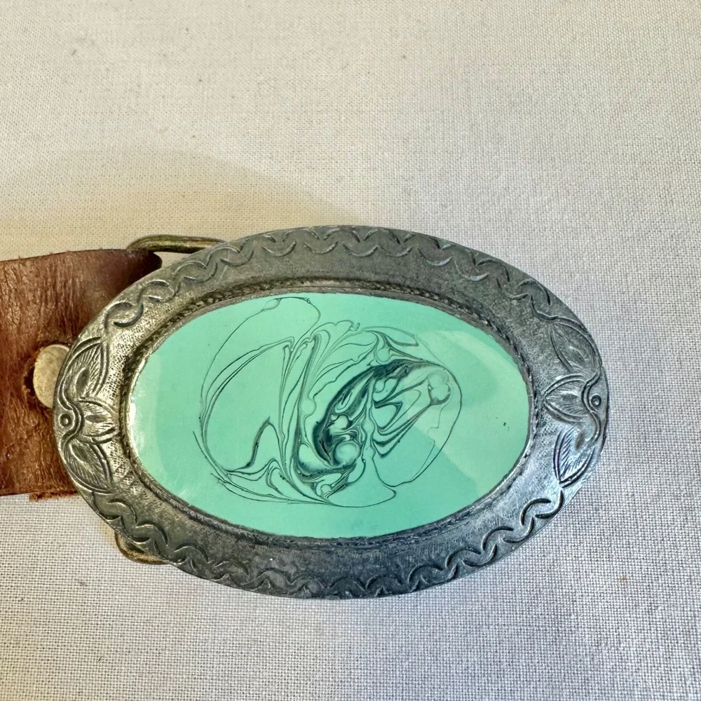 Nice Leather Brown Distressed Belt Seafoam Green Marbled Western Buckle Large‎